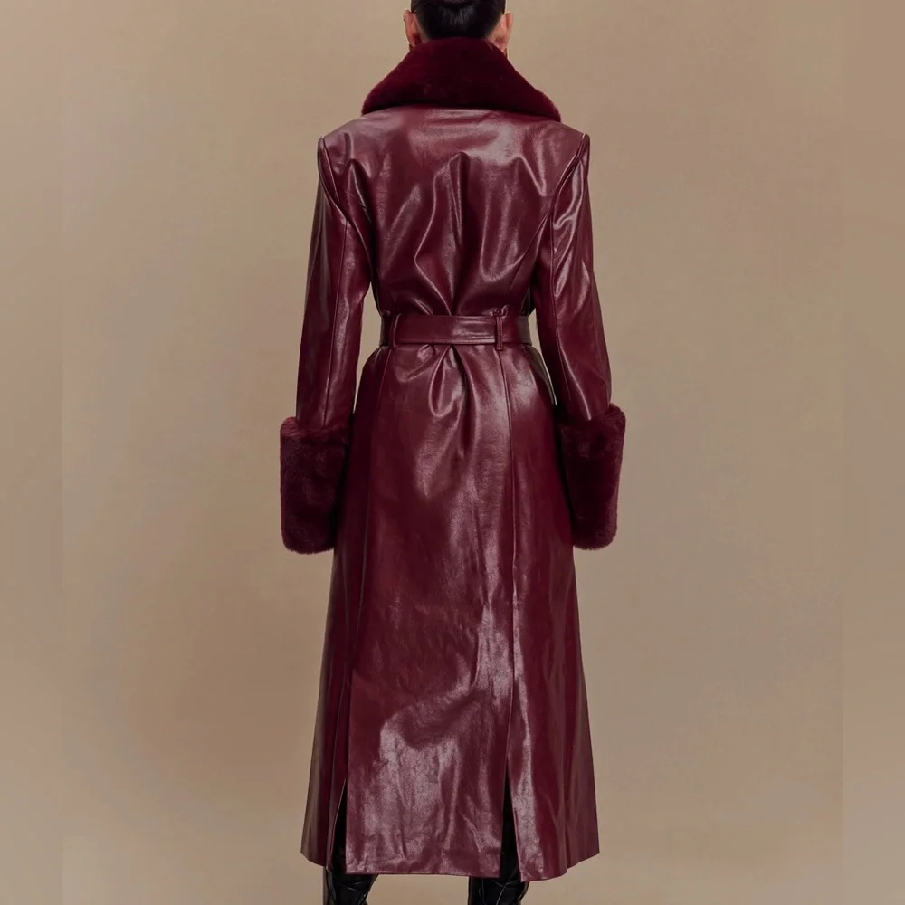 Meshki - BEC Faux Leather Trench Coat With Faux Fur (Cherry Red) - Picture 2 of 5